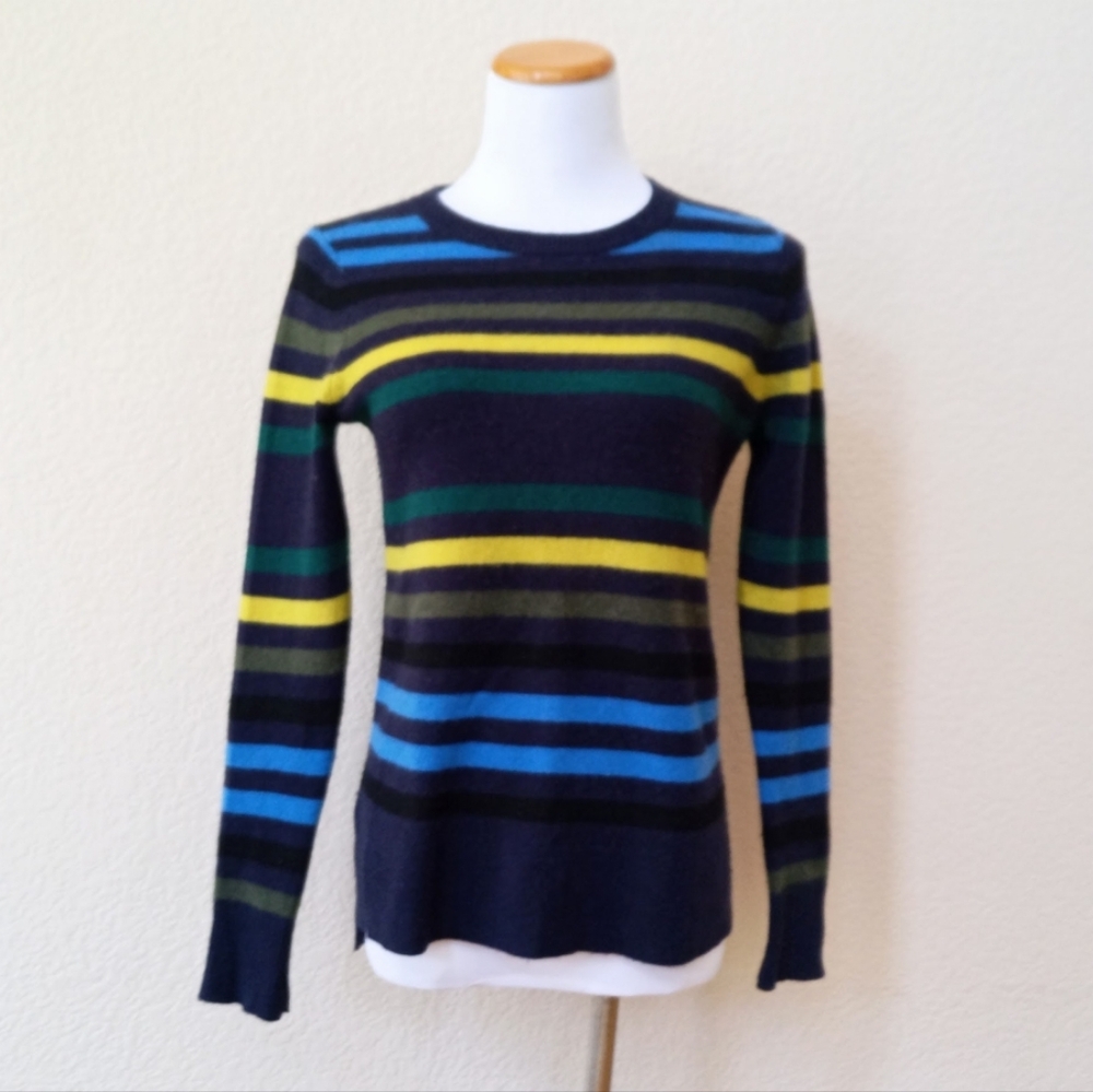 Halogen Navy Crewneck Sweater with Yellow, Blue & Green Stripes